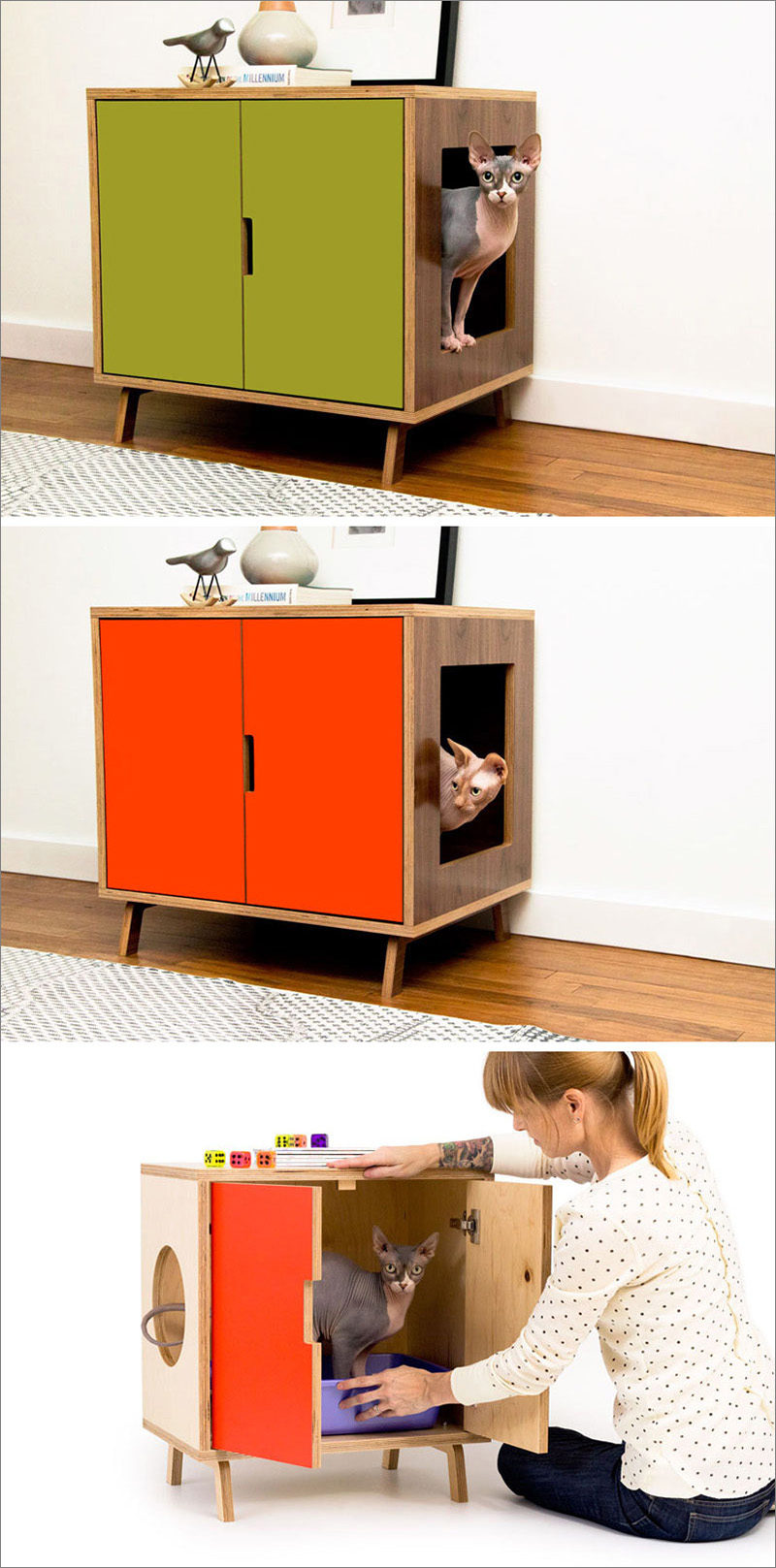 This modern cabinet hides a litter box inside, and is made from a high quality walnut wood with a water proof finish, which can be left natural or painted.