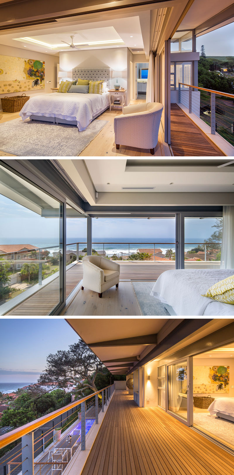 This modern bedroom has an unobstructed view of the ocean, as it can be opened onto a large wrap-around balcony that overlooks the pool below.