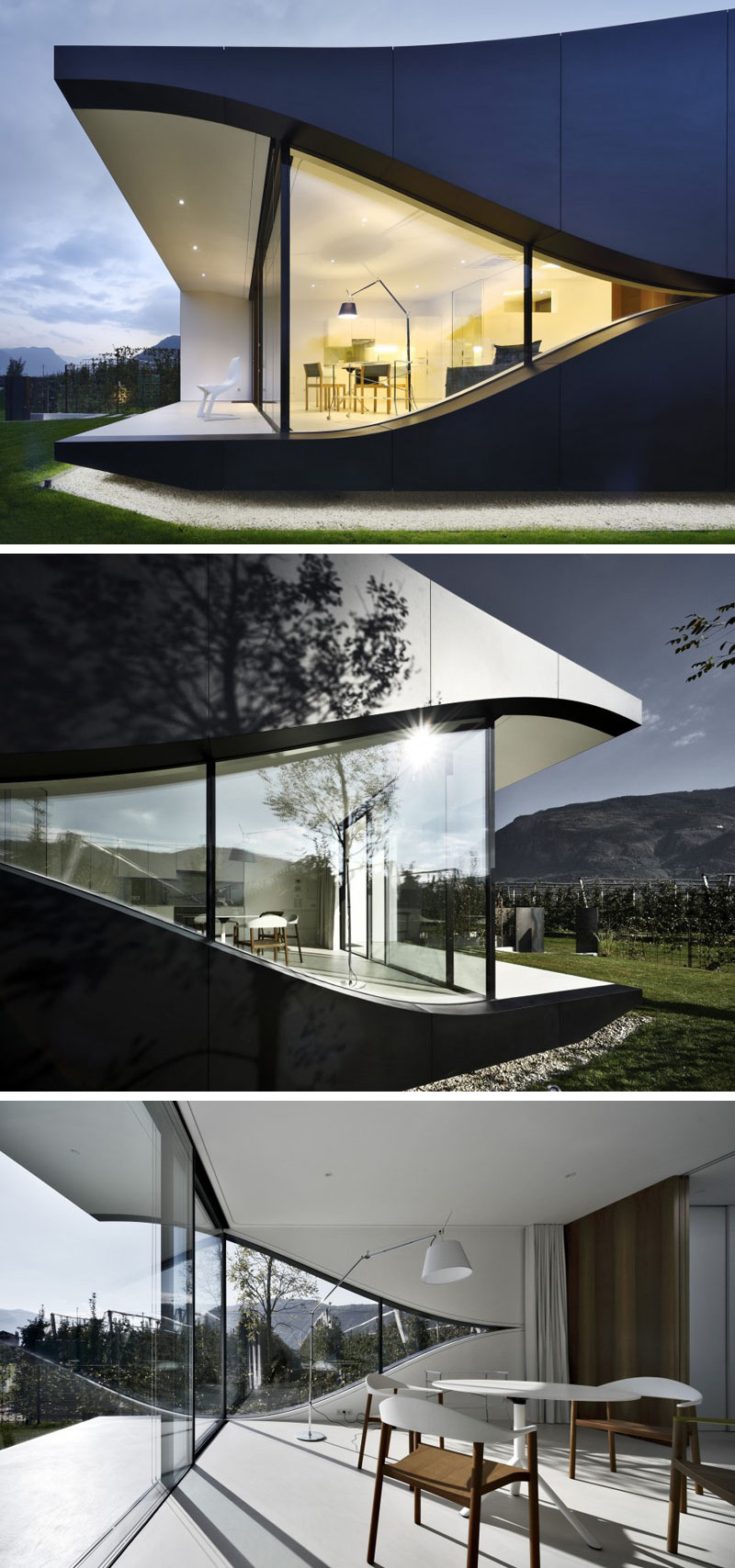 Large and curvaceous, the windows of this modern home add a unique design element and provide a stunning view of an apple orchard. 