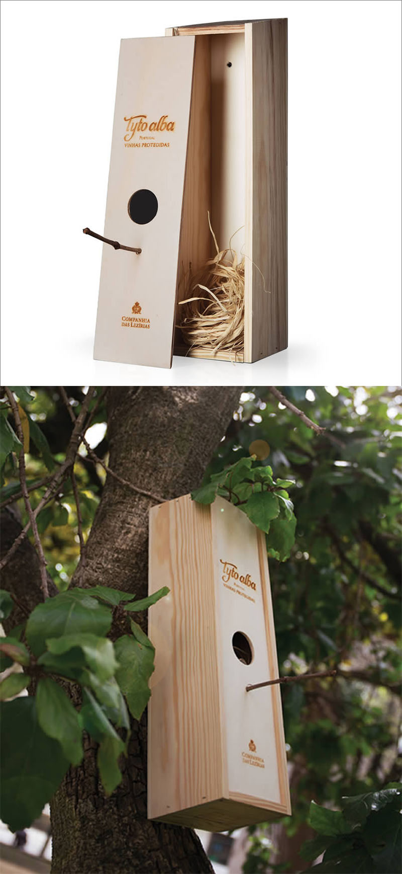 This modern wine bottle packaging features a wooden box, that once the wine is finished, can be transformed into a birdhouse.