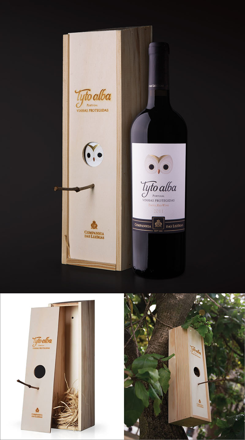 Modern in design this wine bottle features the striking eyes of a barn owl on a crisp white label. After the wine has been enjoyed, the wood box with an attached twig can be placed in a tree and used as a bird house. 