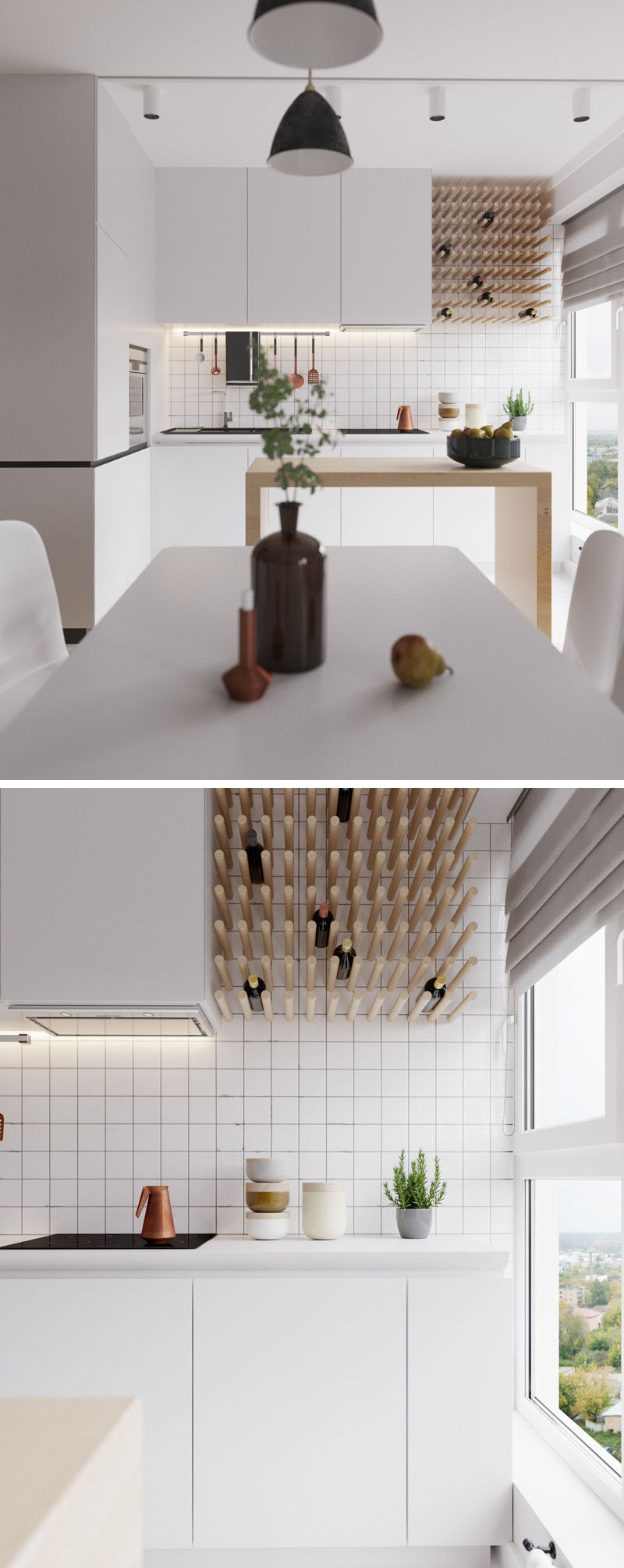 Wood pegs on the white walls are used for wine storage in this modern kitchen.