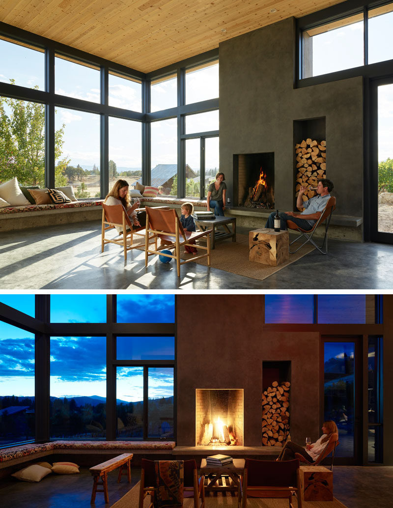 This modern winery has a wrap around window seat with views of Mt. Hood, and a wood-burning fireplace for an informal living room atmosphere.