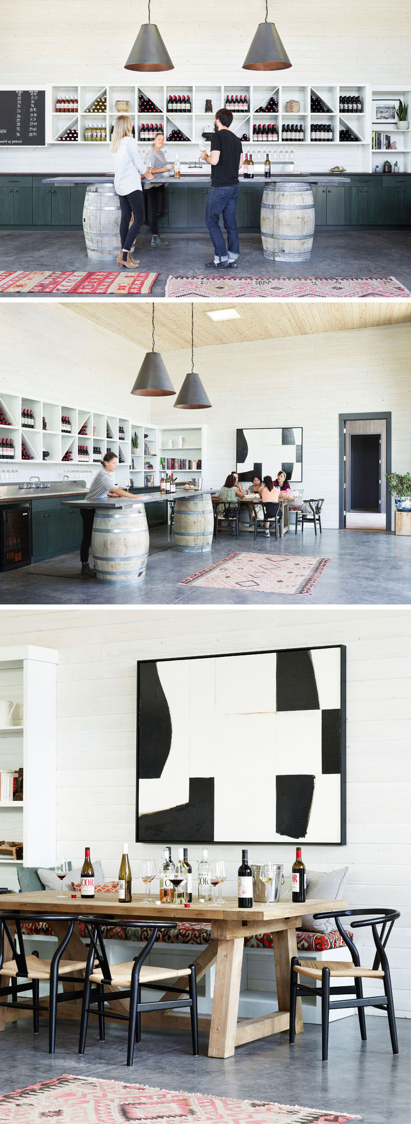 Inside this modern winery tasting room, whitewashed hemlock planks cover the walls, and a tasting bar sits on top of two wine barrels. Open shelving displays all of the current wines. At the end of the bar is a larger table with bench seating for small groups.