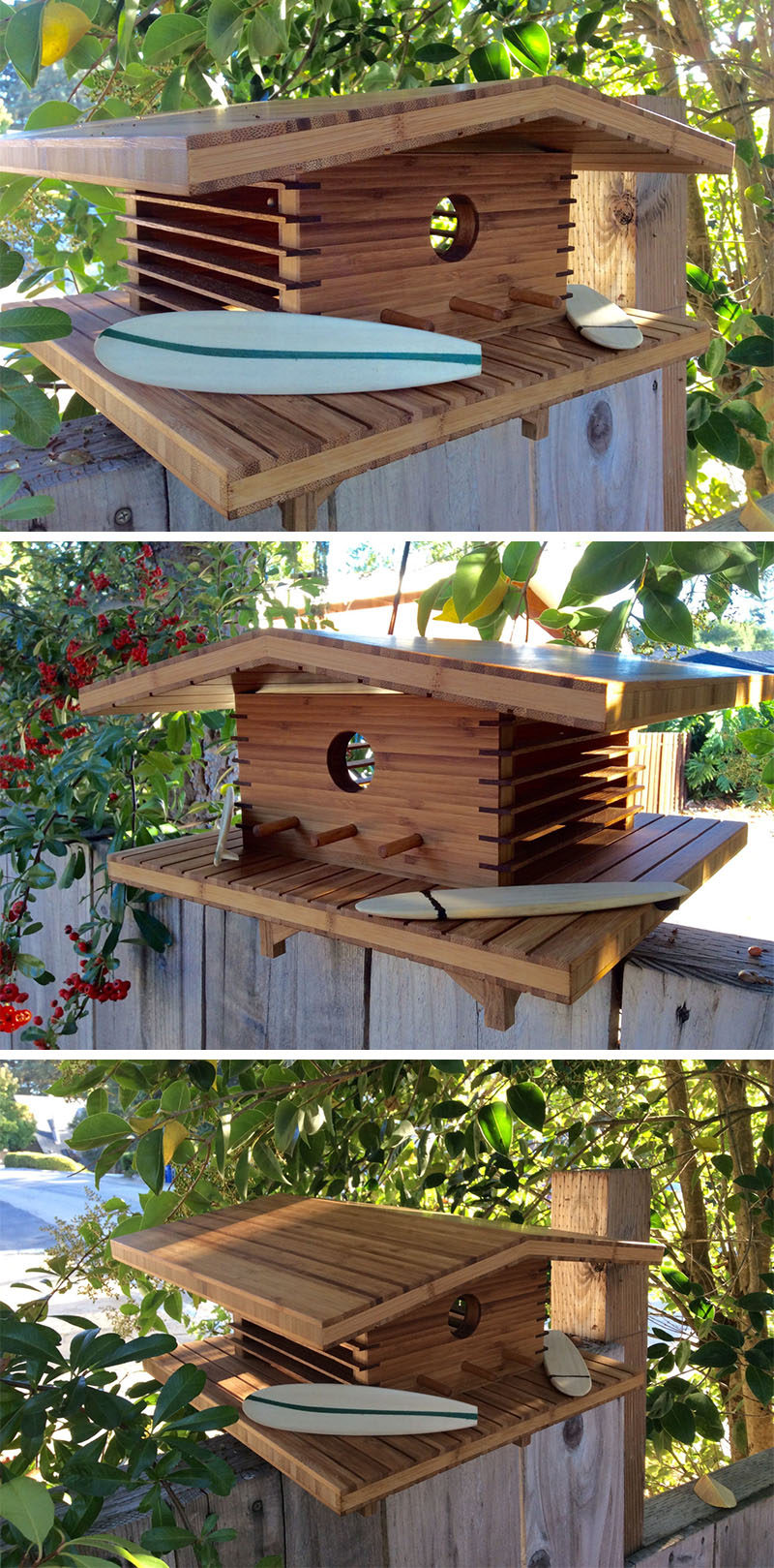 Designed by Douglas Barnhard, this bamboo and teak birdhouse was inspired by Hawaiian architecture.