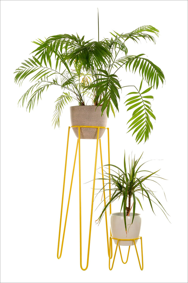 Mid-century inspired, these yellow wire modern plant stands are nice and sturdy making them perfect for any plant inside, or out.#PlantStand #ModernPlantStands #Garden #Plants #ModernHomeDecor