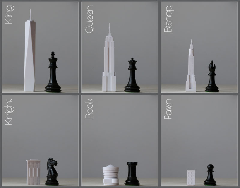 This modern chess set has pieces that represent the New York City skyline and includes buildings like the One World Trade Tower, the Empire State Building, the Chrysler Building, the Flatiron Building, the Guggenheim Museum and a Brownstone House.