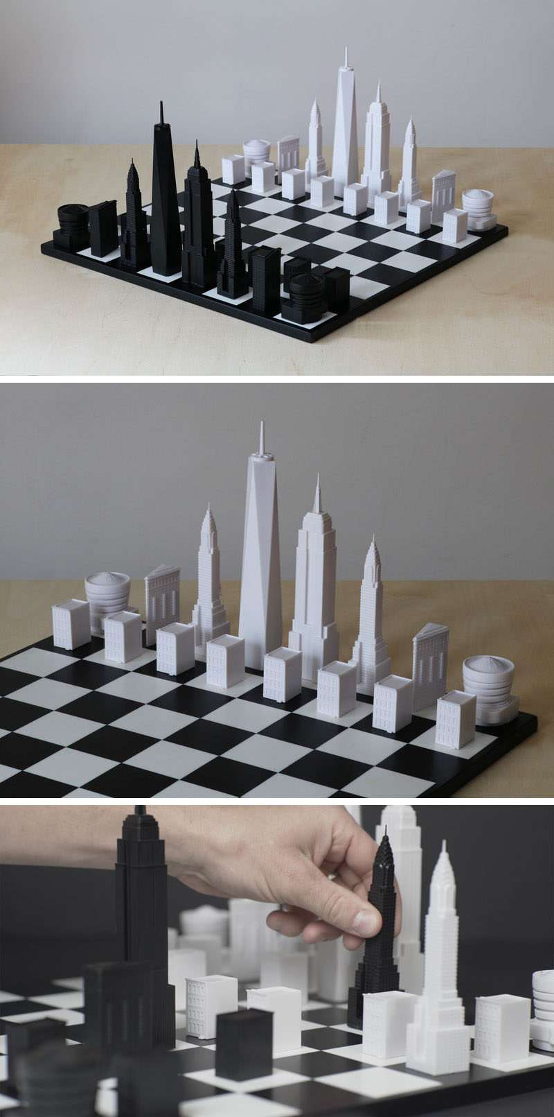 This modern chess set has pieces that represent the New York City skyline and includes buildings like the One World Trade Tower, the Empire State Building, the Chrysler Building, the Flatiron Building, the Guggenheim Museum and a Brownstone House.