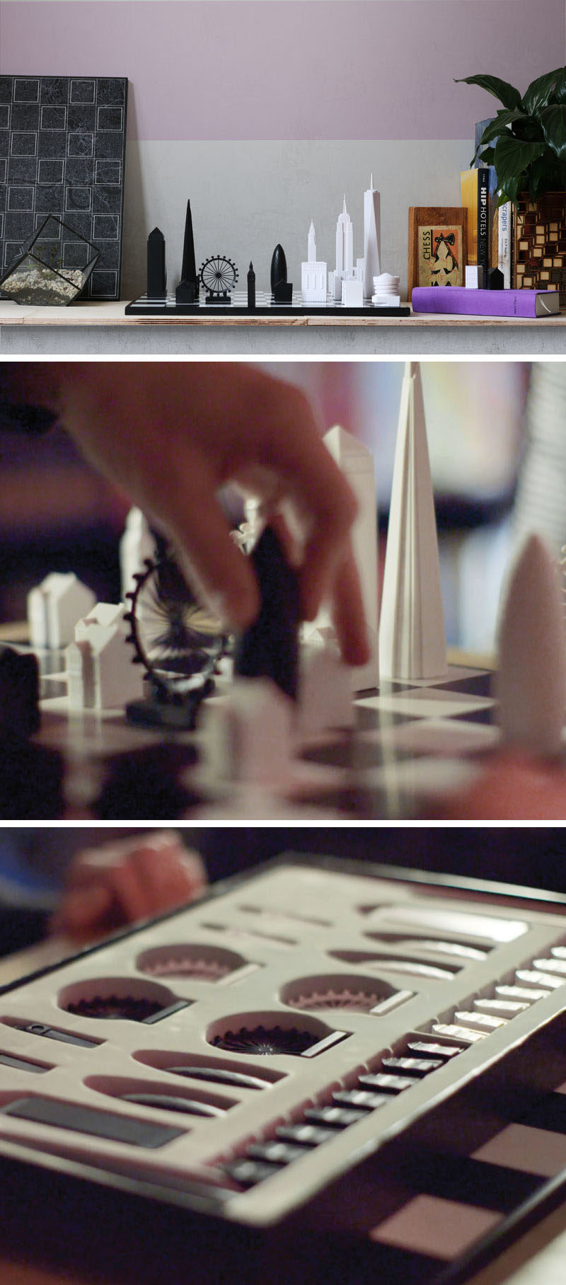 This modern chess set has the pieces designed using iconic buildings of the London and New York City skylines.