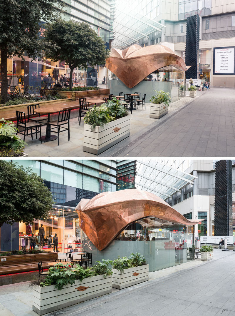 Architecture firm Mizzi Studio have designed Colicci, a new cafe in London, that features a leaf-inspired roof made from 542 individual laser cut copper sections that were attached by hand using traditional techniques and approximately 20,000 rivets.