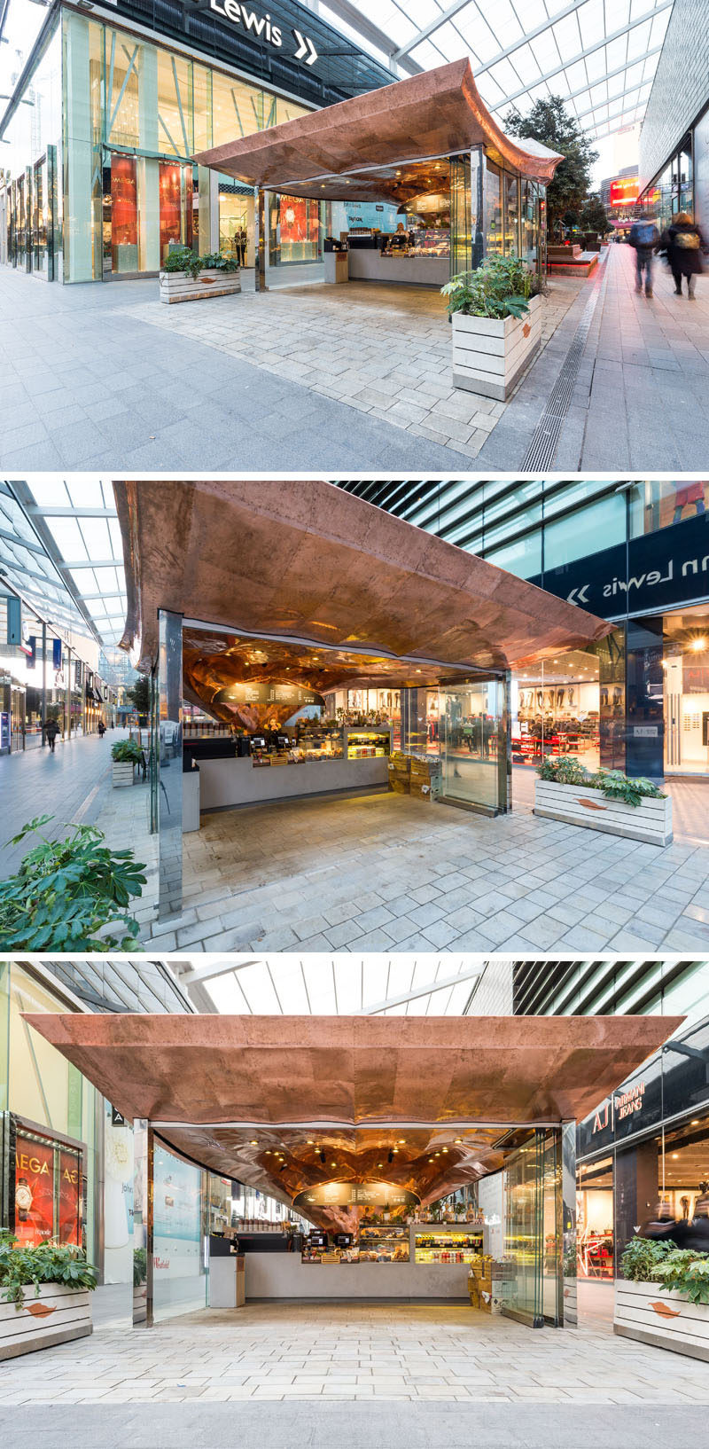 Architecture firm Mizzi Studio have designed Colicci, a new cafe in London, that features a leaf-inspired roof made from 542 individual laser cut copper sections that were attached by hand using traditional techniques and approximately 20,000 rivets.