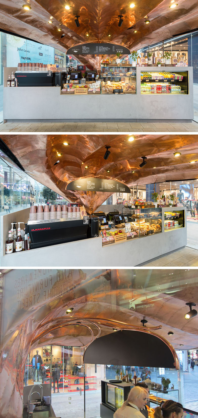 Architecture firm Mizzi Studio have designed Colicci, a new cafe in London, that features a leaf-inspired roof made from 542 individual laser cut copper sections that were attached by hand using traditional techniques and approximately 20,000 rivets.