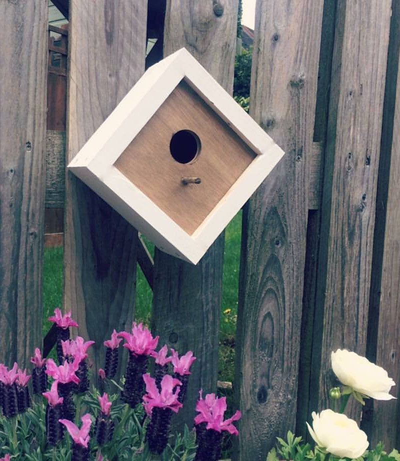 This small modern birdhouse has a geometric shape and the white border helps it stand out against the wall or fence that it hangs on.