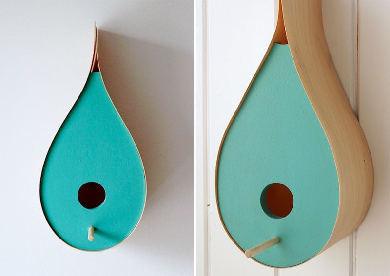 This rain drop shaped birdhouse has a colorful turquoise facade and birch veneer sides.