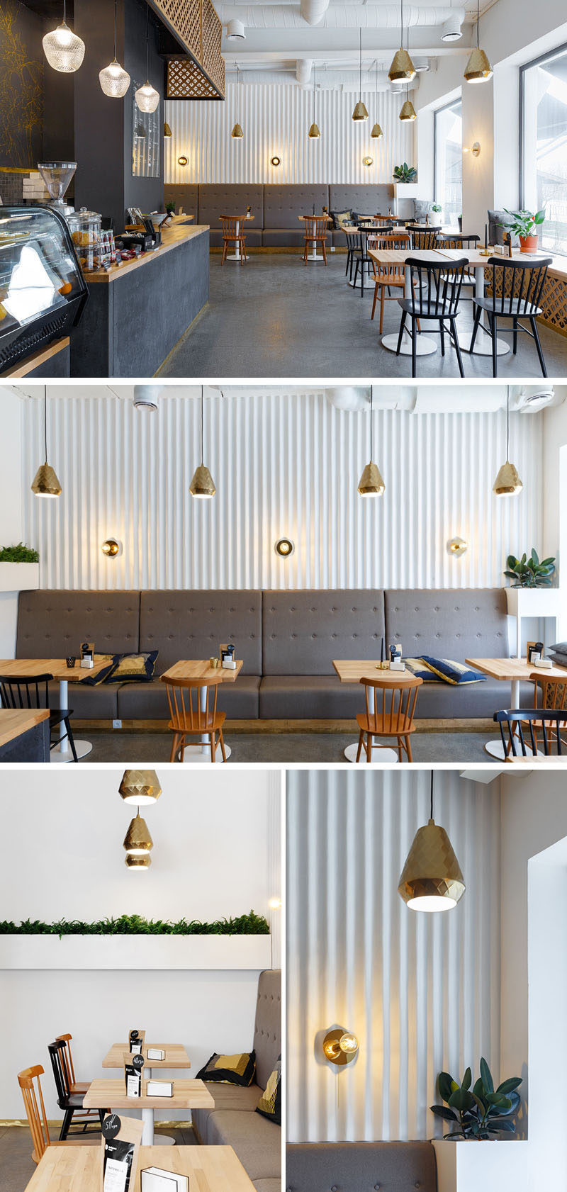 In this modern coffee shop, gold has been carried through the space with simple gold pendant lights that hang above the tables. A corrugated white wall and upholstered grey banquettes add texture to the space, while the wood tables and chairs tie in with the wood countertops.