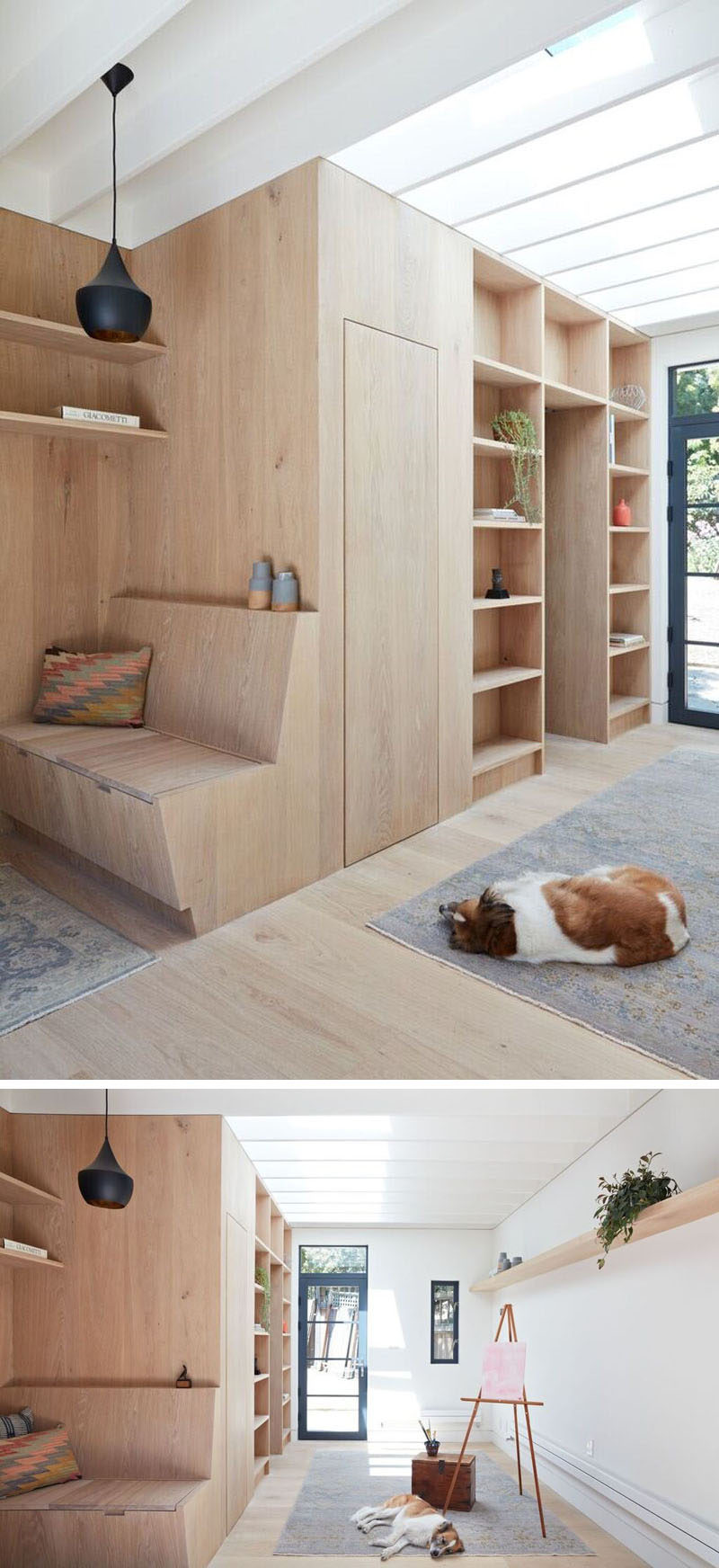 This small backyard studio features walls, shelving and furniture made of white oak.