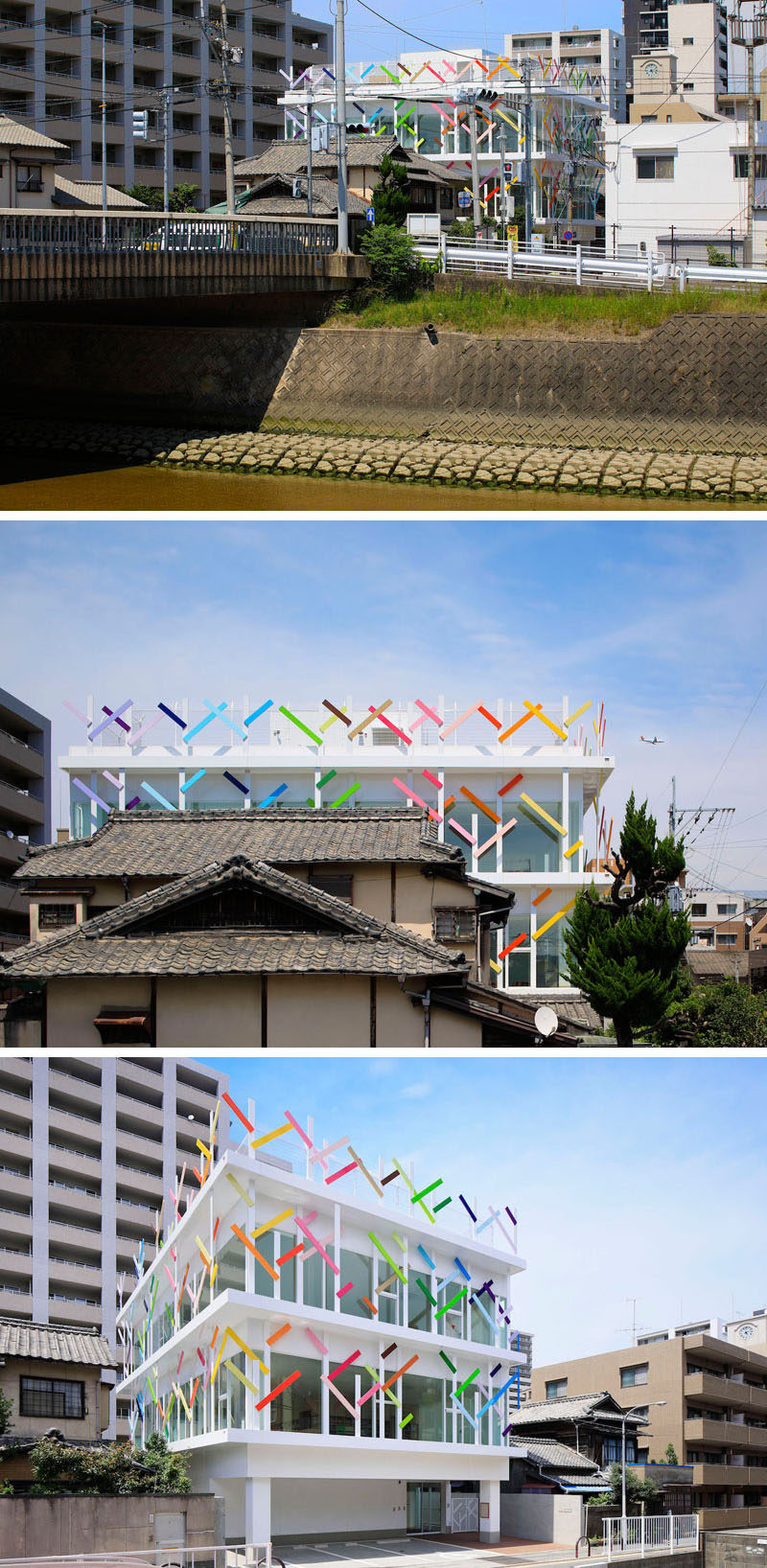 On the facade of this modern kindergarten in Japan are 63 white trees that are 13 ft (4m) high that are covered in colorful branches that wrap the building. 22 colors have been used to create the fun facade.