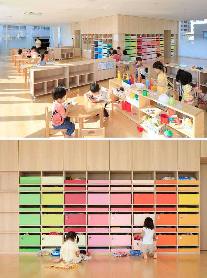 In The Main Nursery Room In This Modern Kindergarten, 200 Colorful Boxes In 25 Colors Are Lined Up On The Wall, Allowing Each Child To Know Which Color Belongs To Them And Where They Can Keep Their Personal Items. 