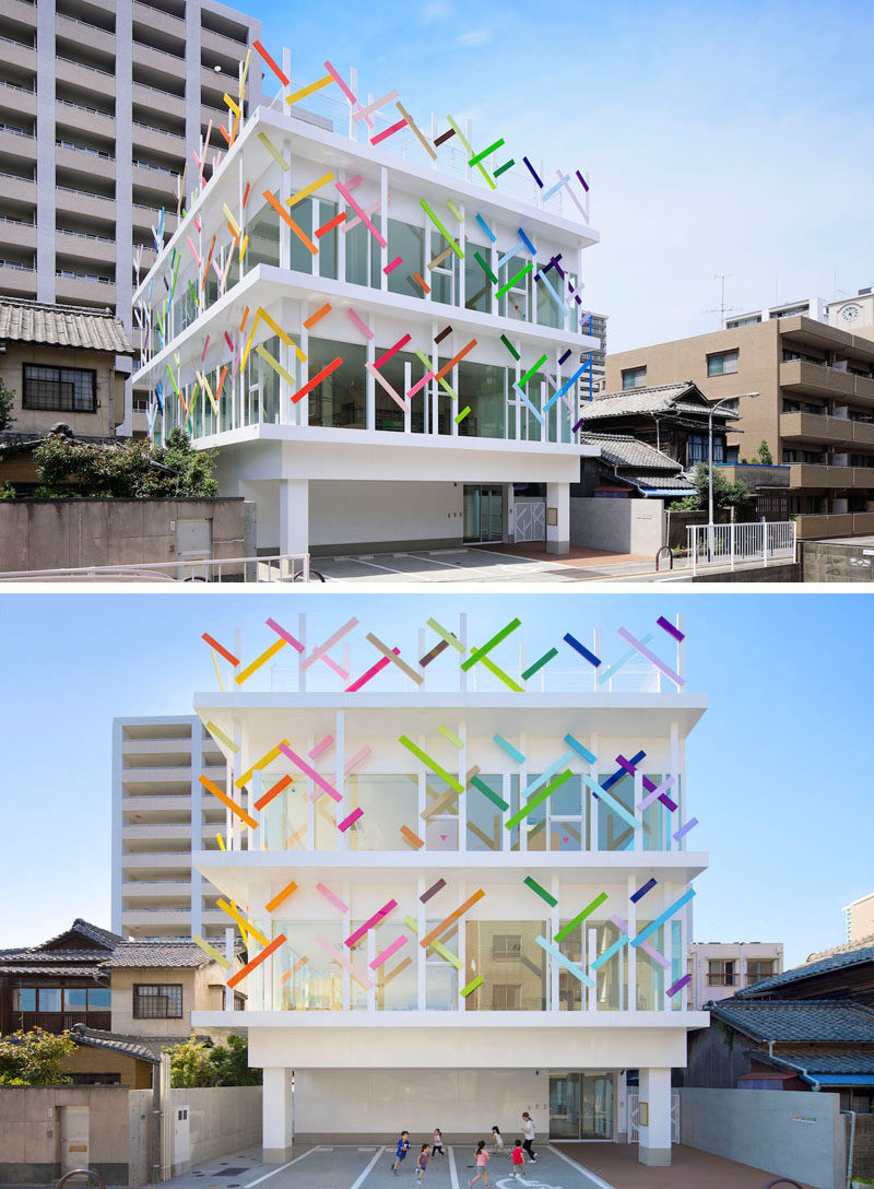 emmanuelle moureaux architecture + design have recently completed Creche Ropponmatsu, a new colorful kindergarten located in a residential area in Fukuoka city, Japan.