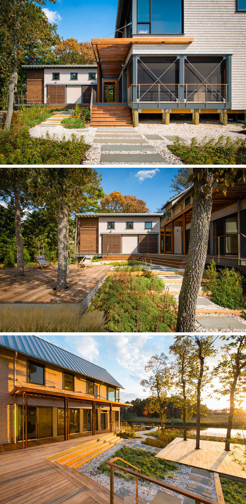 At the rear of this modern home, the dock leads up to a path that then leads to the house. A large wooden patio surrounds some trees and creates a place to enjoy the outdoors under the shade.