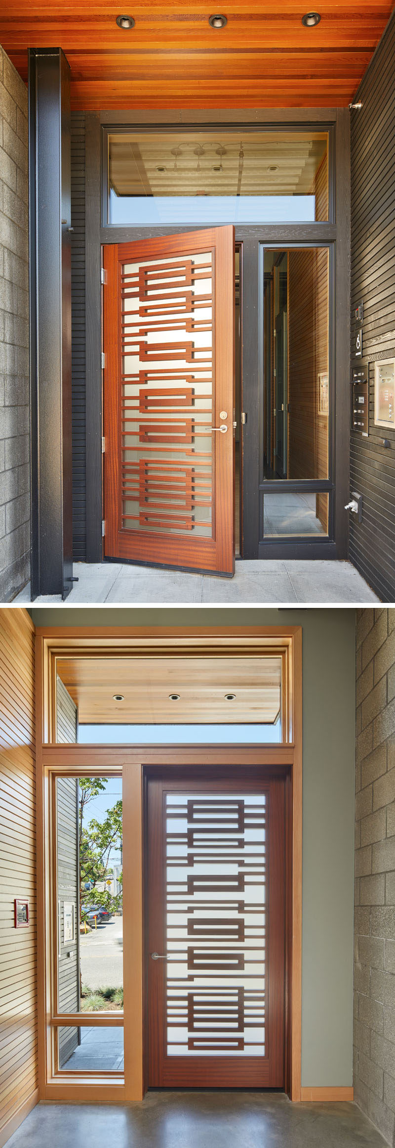 The entrance to this modern live-work building features a custom sapele wood front door that adds a warm touch to the building and contrasts the building’s blackened wood cladding.