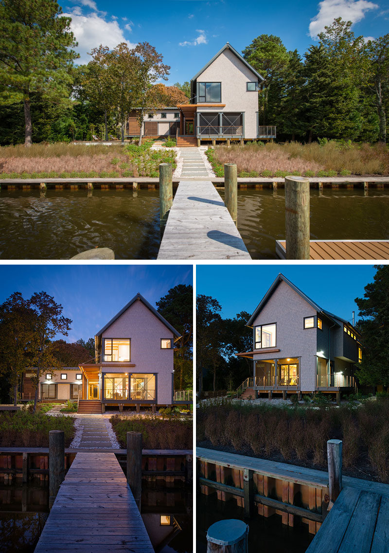 This modern house is positioned to maximize the waterfront views, while also providing protected and shaded areas. A dock allows the home owners to have direct access to the waterway.