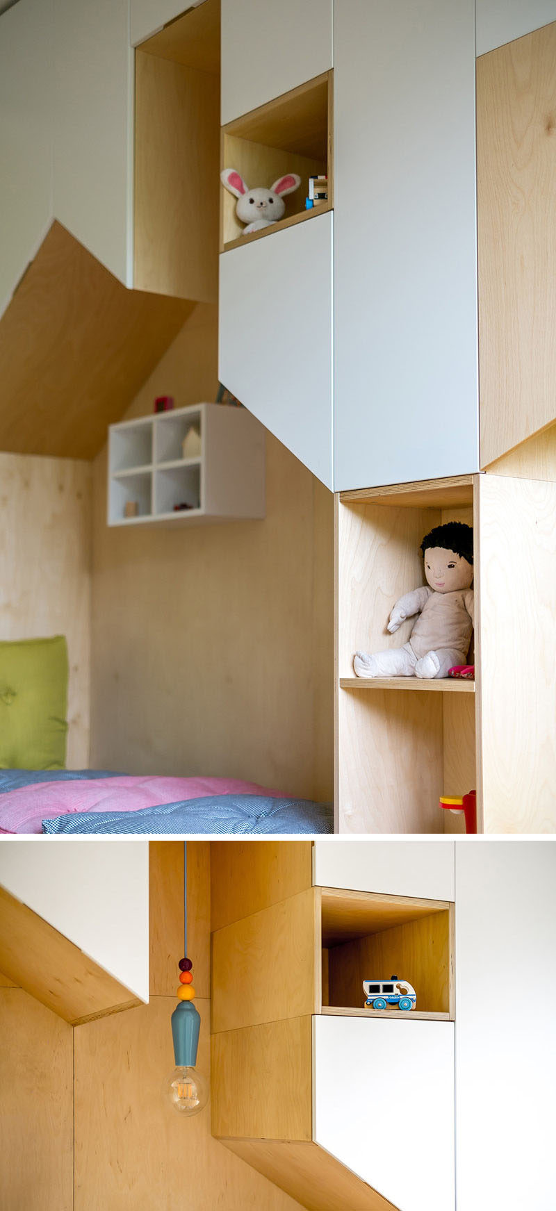 This fun and modern kid's bedroom has a custom wall unit that features plenty of storage and two beds in mini houses.