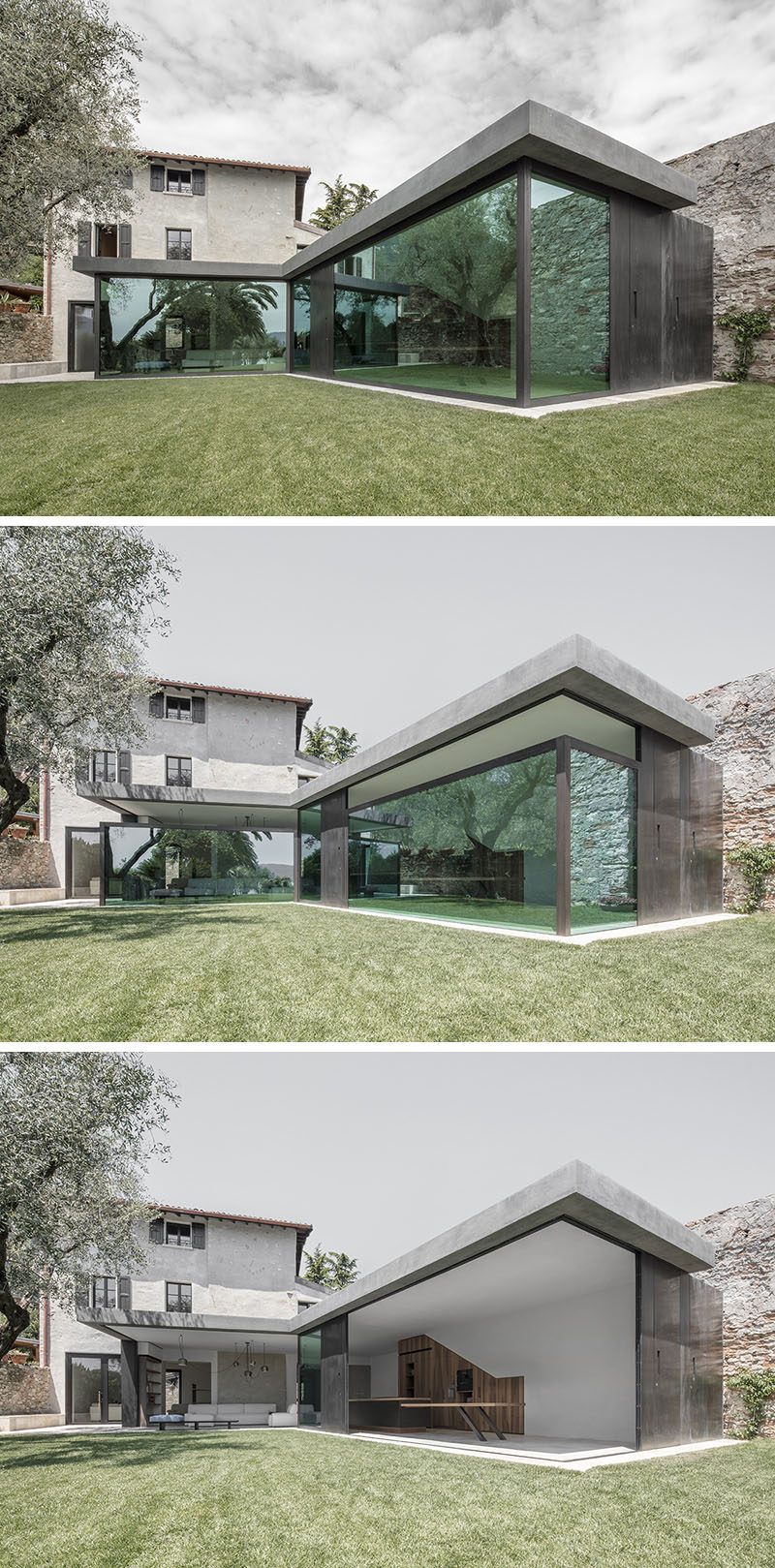 Bergmeisterwolf have designed a modern extension for a house in Italy that features vertical sliding windows that can disappear into the ground.