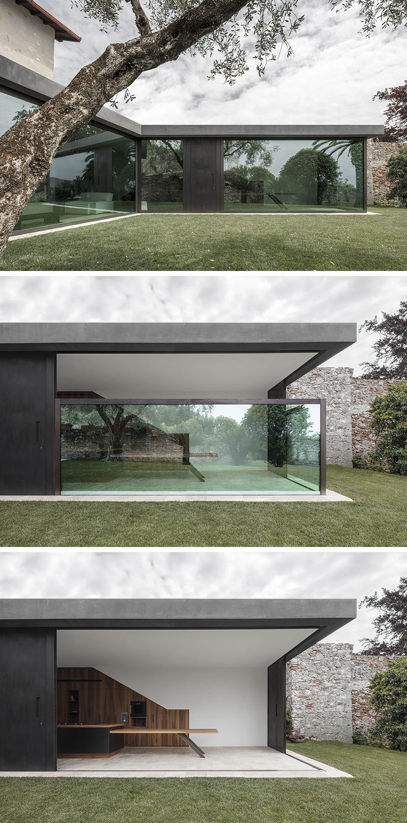 Bergmeisterwolf have designed a modern extension for a house in Italy that features vertical sliding windows that can disappear into the ground.