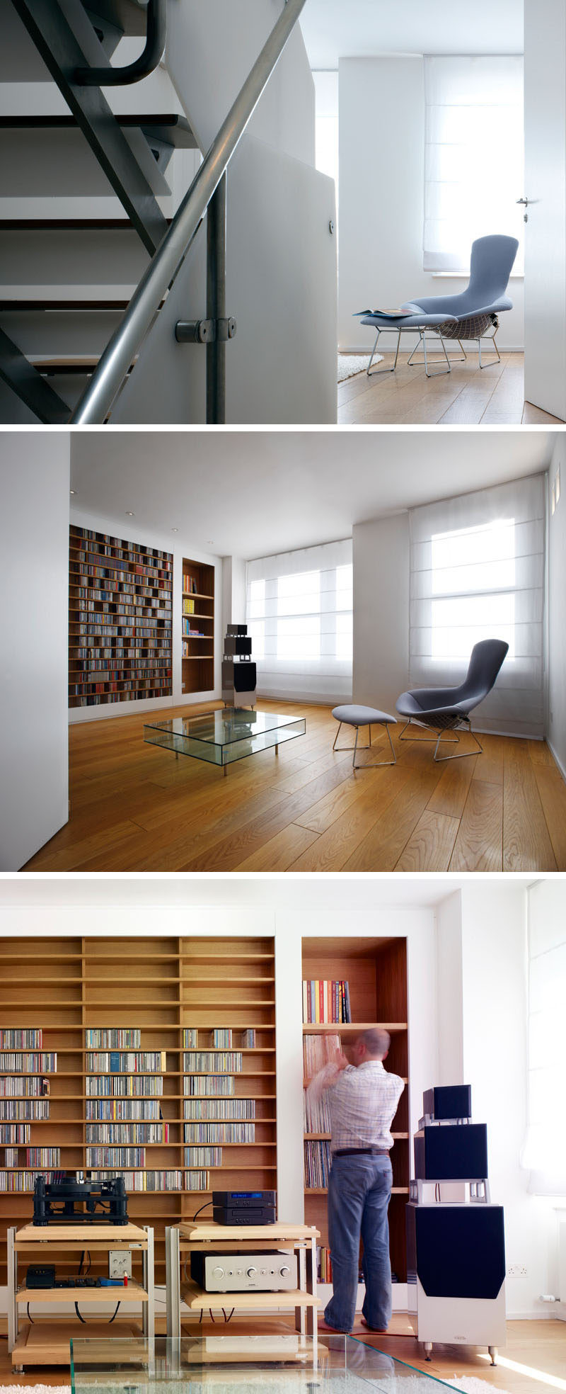 Half way up the stairs in this modern house is the entrance to a music room (or library). Custom shelves have been built into the wall and are lined with wood to make them stand out.