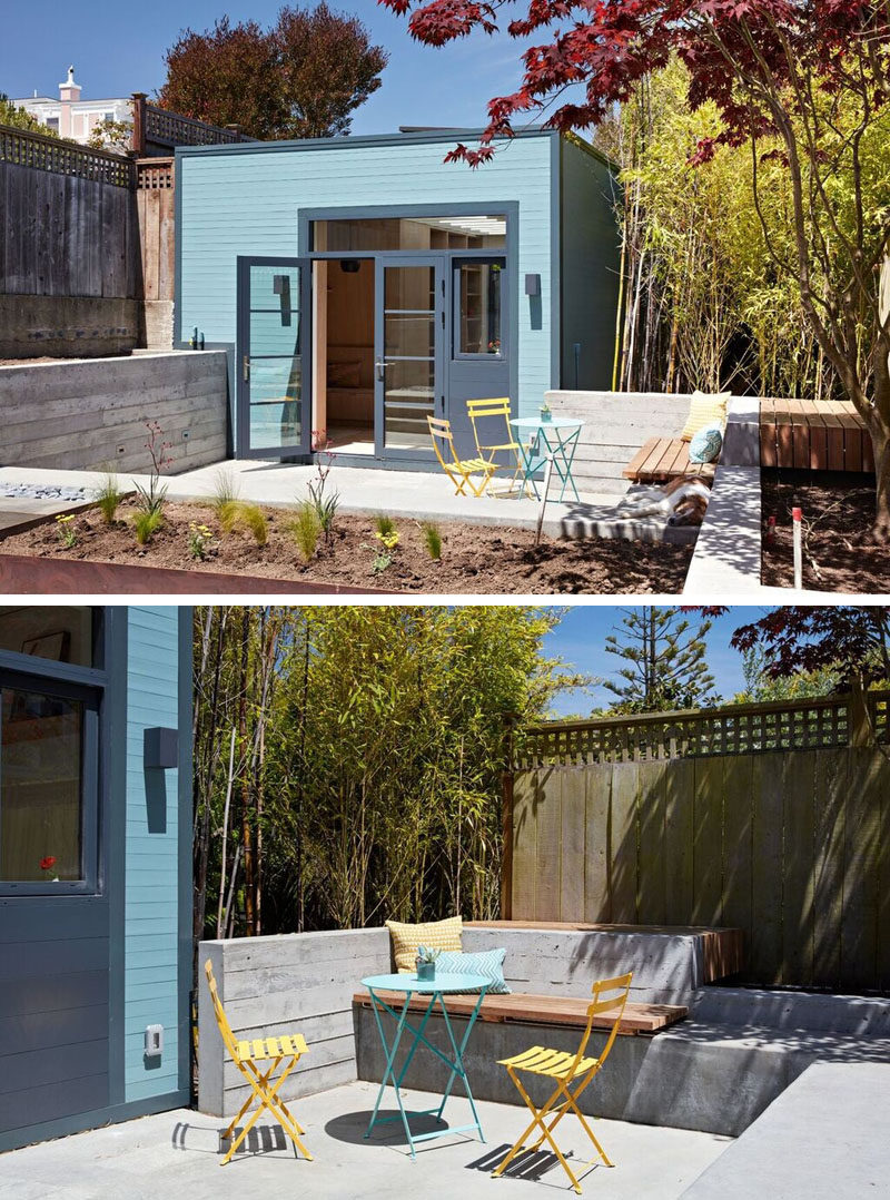 Solid bluestone pavers and board-formed concrete benches and planters were added to this small and modern courtyard, creating places to relax in the sun.