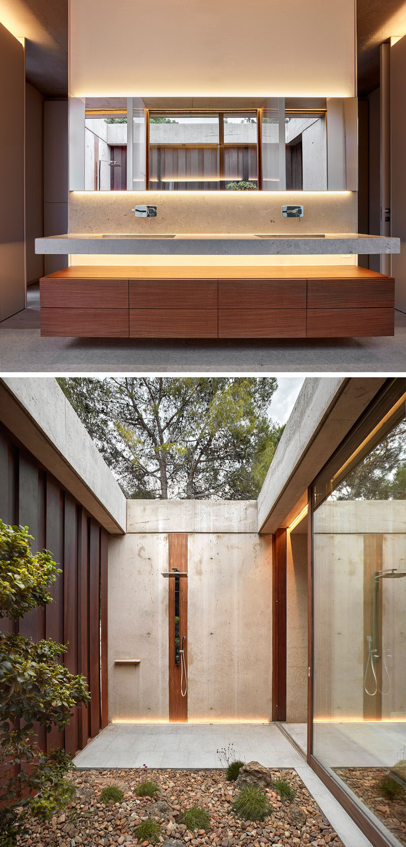 In this modern bathroom, the large double sink floating vanity and mirror are backlit, creating a calming ambiance. There's also an outdoor shower which also has hidden lighting.