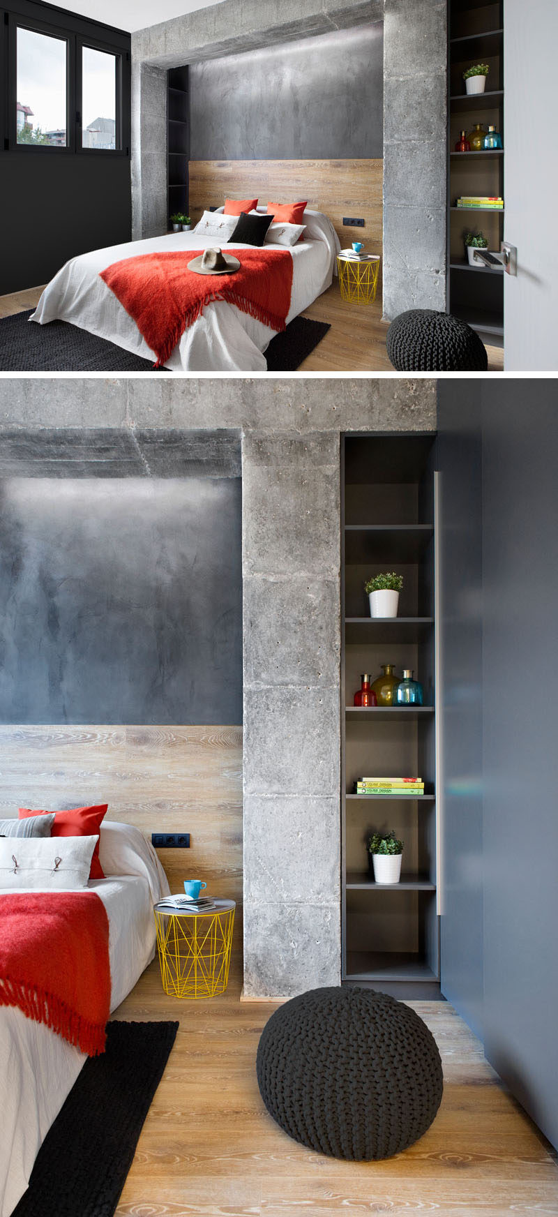 This modern bedroom features black and wood elements that tie in with the other areas of the apartment, while open shelving has been included in small vertical spaces.