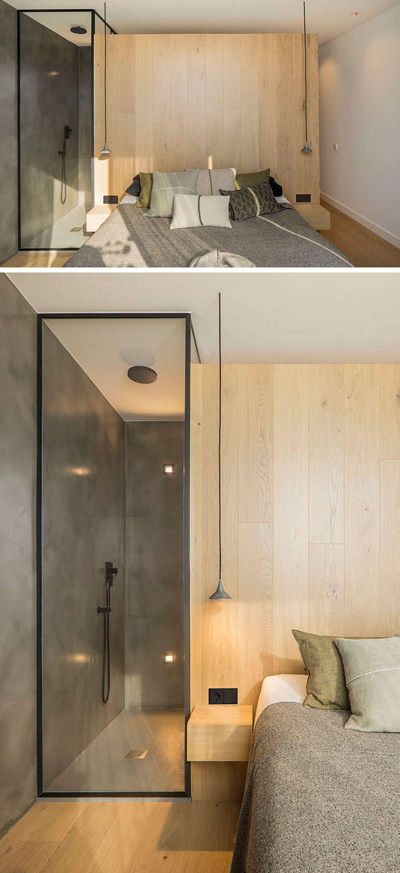 Wood has been introduced to this modern bedroom in the form of a headboard, while the black framed glass enclosed shower is visible to the room.