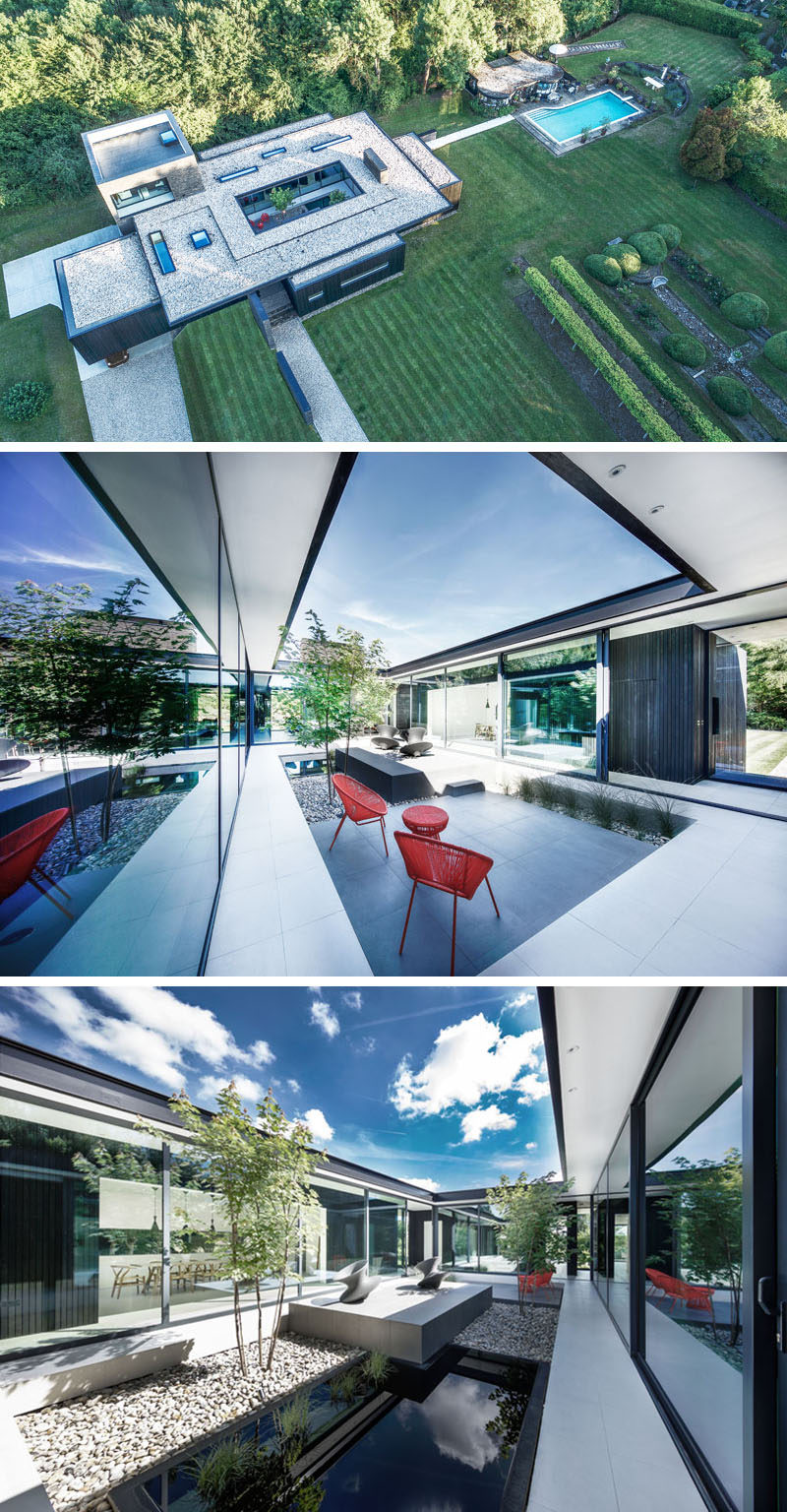 From above, you can see that the interior spaces of this modern house wrap around a central courtyard that provides year round sheltered outdoor space.