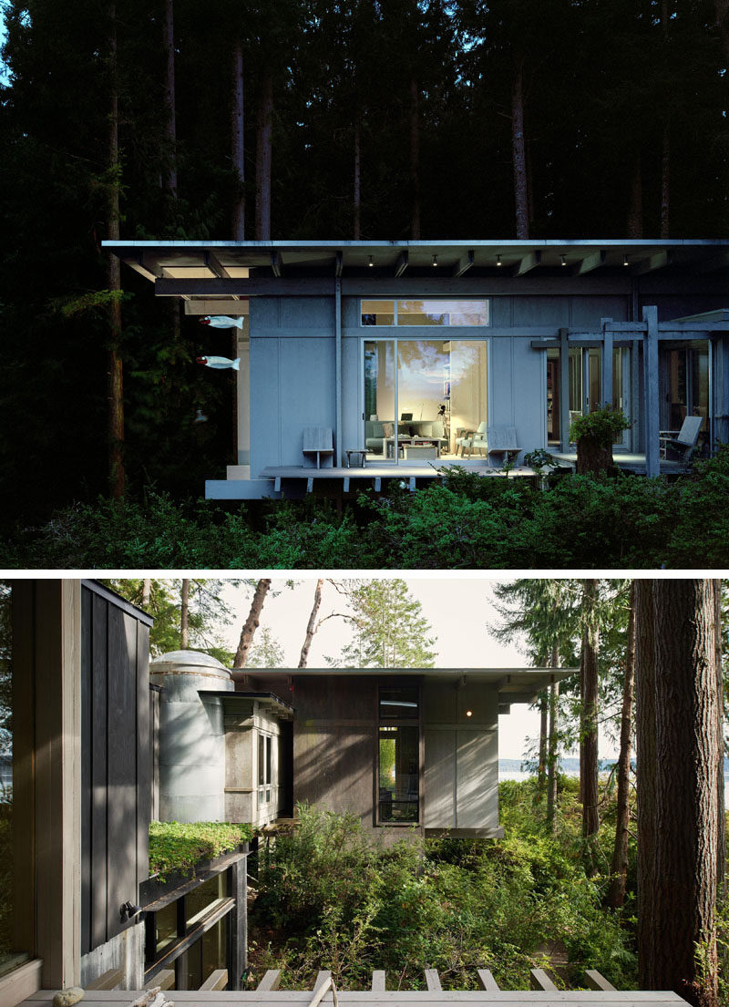 This modern cabin in the forest has grown over the years from a simple bunkhouse to a full retreat with multiple bedrooms for family and friends.