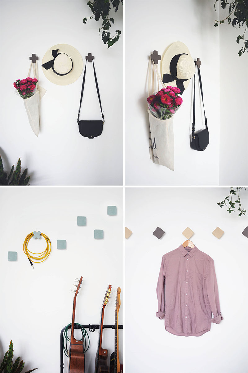 These geometric ceramic wall hooks, designed in a variety of shapes, sit away from the wall slightly to allow a coat hanger or back to hang behind the hook.