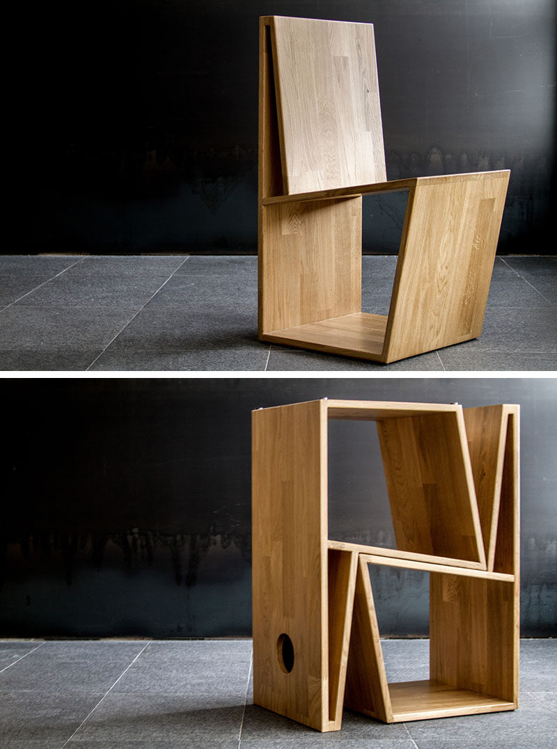 FLORES taller de arquitectura have design a pair of chairs that when stacked on top of each other they form a shape that can then neatly be stored away in a custom designed wall.