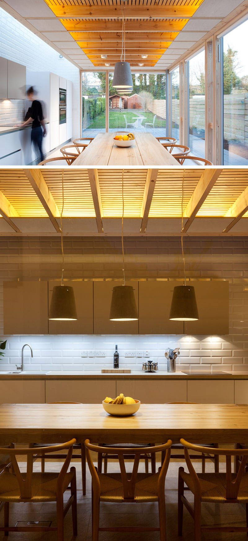 At night, this modern house extension is lit up with concealed LED strips that are located within the ceiling to highlight the exposed timber joists and to create a calm and relaxing atmosphere.