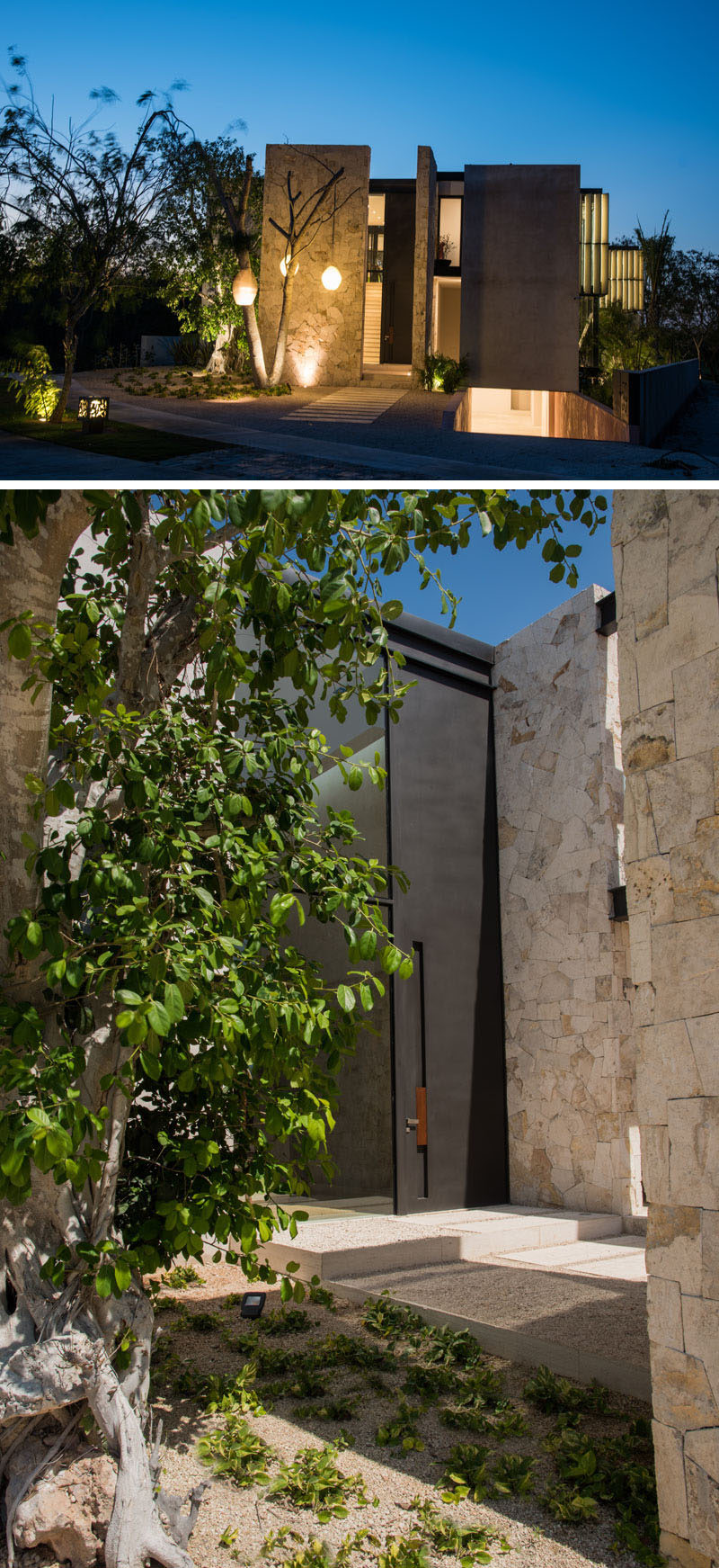 The facade of this modern house features large solid walls, a sunken driveway and a tall entryway.