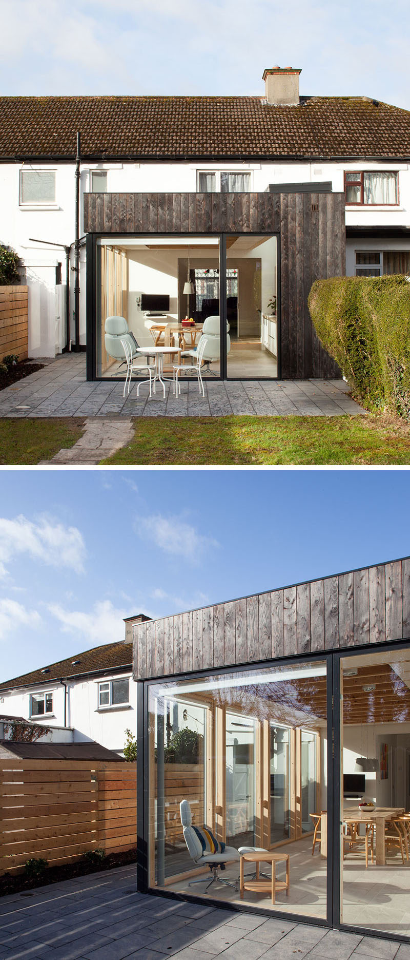 This modern house extension is covered in charred timber while the interior is a bright and airy space with a kitchen, a dining area and plenty of windows.