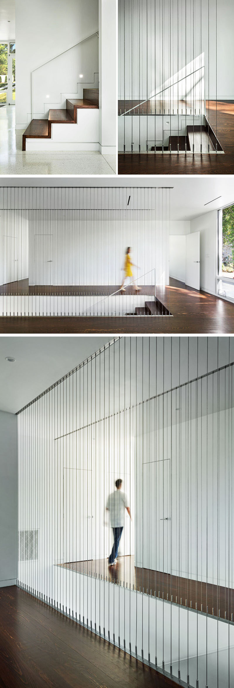 Wood covered stairs lead up to the second floor of this modern house, with vertical cables providing a safety railing for the open stairwell.