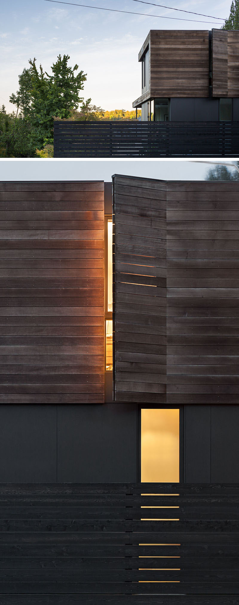 The exterior of this modern house has window covers designed to blend in seamlessly with the wood facade.