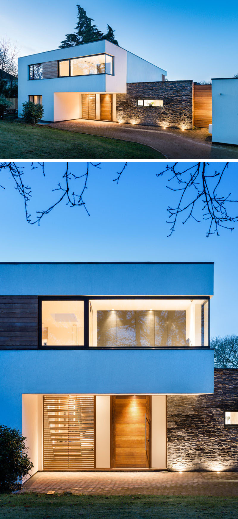 The exterior of this modern house in Plymouth, England, is a mixed palette of cedar, black zinc, stacked slate and white painted render.