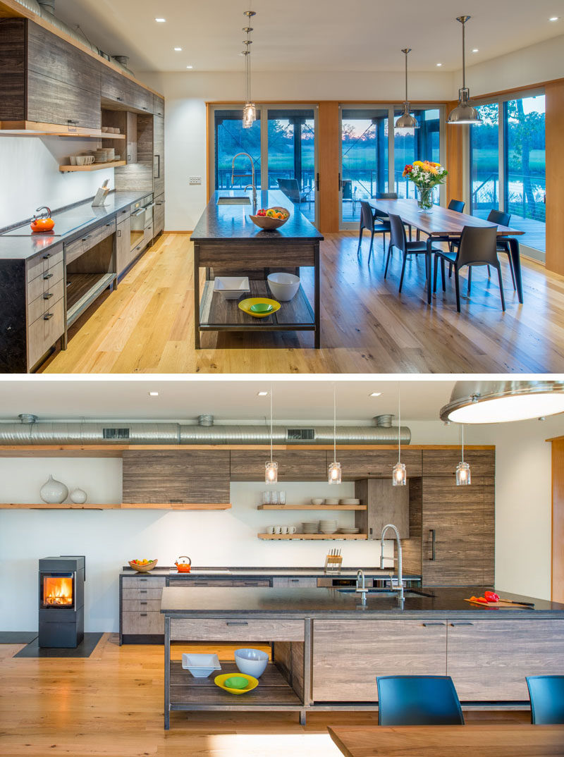 This kitchen and dining area share the open floor plan, while sliding glass doors open up to the porch.