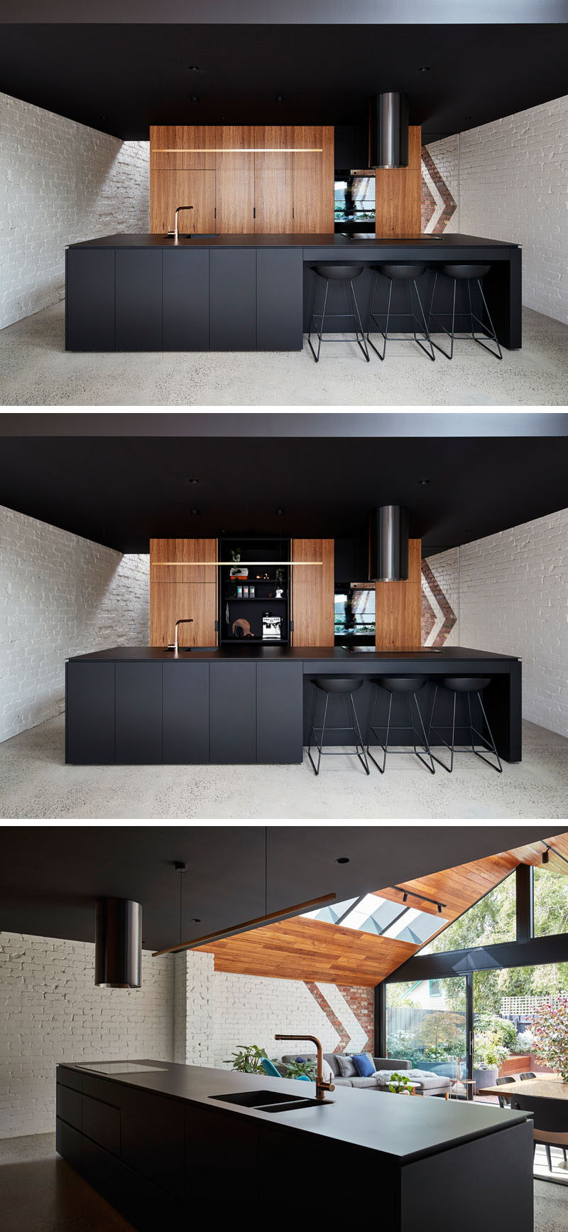 This modern kitchen features a black island and ceiling, and wood cabinets.