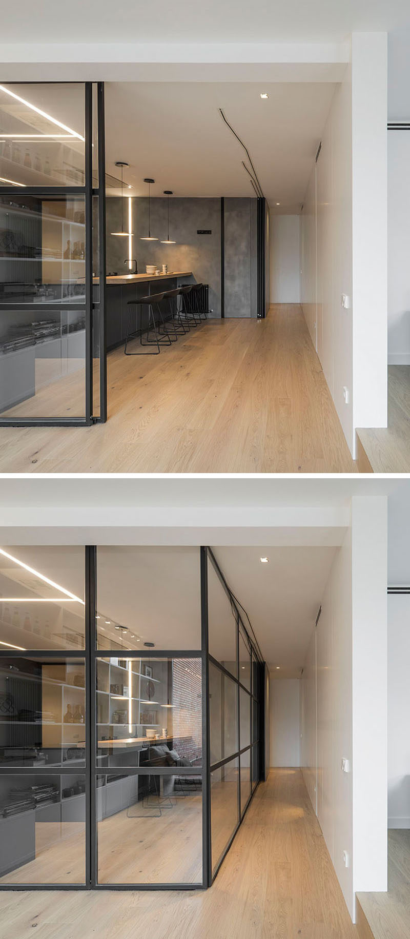 Black framed glass walls can be used to close off this modern kitchen from the other spaces of the penthouse when needed.