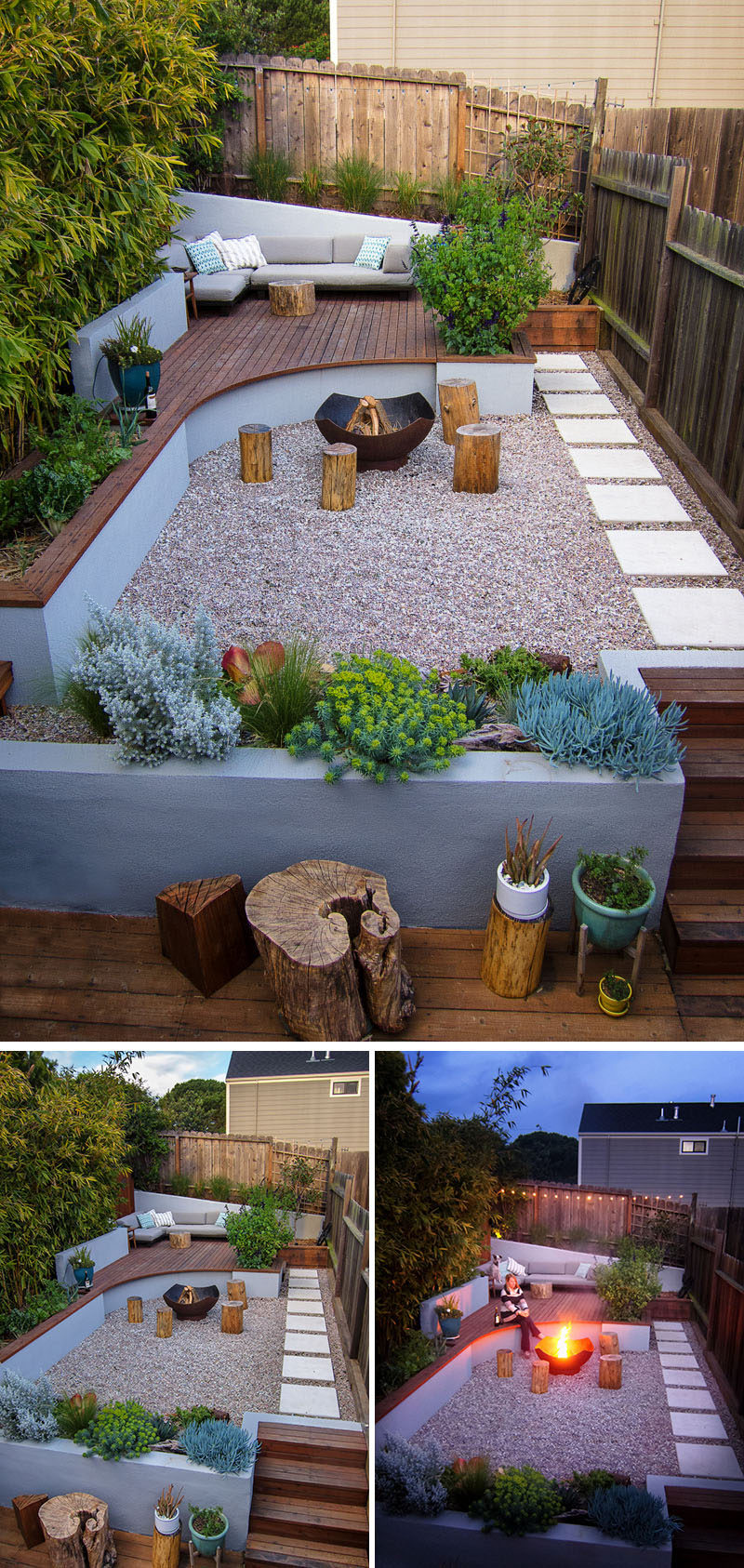 This modern landscaped backyard has a raised outdoor lounge deck, a wood burning firepit, succulents, bamboo and a vegetable garden.