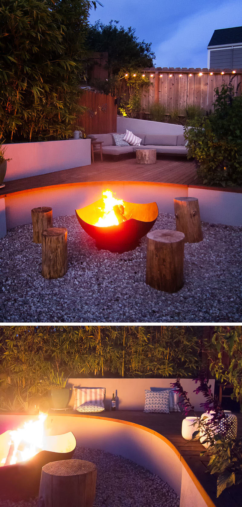 The main focal point of this modern landscaped backyard is a Corten steel wood burning firepit that's surrounded by wood stools and the curved part of the deck. This curved section also becomes additional seating.