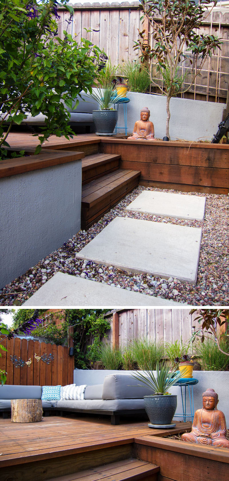 This modern backyard has a small set of wood stairs that leads up to a raised deck with a lounge.